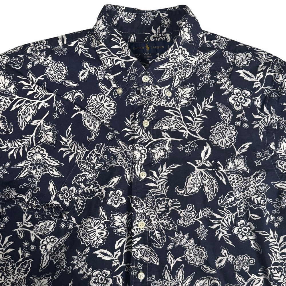Ralph Lauren Mens L Slim Fit Floral Short Sleeve Button Down Shirt Navy Blue